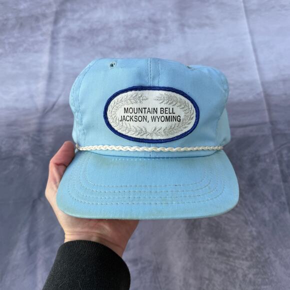 Vintage 70's Mountain Bell Jackson Wyoming Light Blue Golf Strapback Hat Cap VTG - Picture 1 of 6